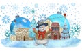 Winter fairy tale cartoon snowmen in a snowy forest, with Christmas balls and fairy houses,Christmas and New Year card. Royalty Free Stock Photo